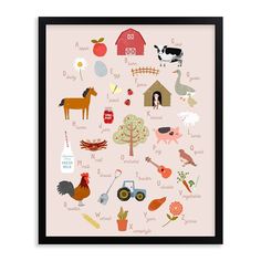 a framed poster with farm animals and other things in the shape of a circle on it