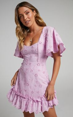 Fancy A Spritz Mini Dress in Lilac | Showpo USA Rush Outfits, Angel Sleeves, Preppy Dresses, Square Neck Dress, Grad Dresses, Day Party, Hoco Dresses, That Day, Mini Shoulder Bag