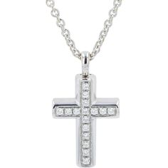 Immerse in the aura of opulent allure with this exquisite 18K White Gold BVLGARI Diamond Cross Pendant. Each facet of this stunning pendant reflects a commitment to elegance and timeless beauty. The cross, a symbol of faith and strength, is meticulously crafted from luxurious 18K white gold, providing a sleek and sophisticated backdrop for the brilliant diamonds that adorn it.Set with a total of 0.40 carats of diamonds, this pendant showcases the dazzling sparkle and clarity that only fine diamonds can offer. The diamonds are expertly set to catch and reflect light, creating a captivating display that will draw admiration from all who see it. The pendant hangs gracefully from a 15.5-inch chain, designed to sit perfectly at the neckline, making it an ideal piece for both everyday wear and s Bvlgari Jewelry, Designer Diamond Jewellery, Faith Jewelry, Diamond Birthstone, Luxury Necklace, Diamond Cross Pendants, Diamond Cross, White Gold Jewelry, Elegant Necklaces