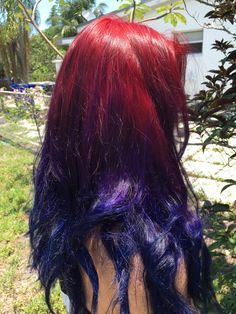 Red Into Purple Hair, Red Purple Blue Ombre Hair, Red Blue Ombre Hair, Red And Blue Ombre Hair, Red Hair Purple Underneath, Red Black And Purple Hair, Red To Blue Hair, Hair Color Gradient, Red Roots Purple Hair