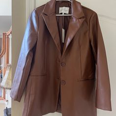 Brand New Rebecca Minkoff Leather Blazer. In The Color Cognac Brown. Nwt Brown Faux Leather Outerwear For Work, Fall Faux Leather Notch Lapel Outerwear, Chic Brown Outerwear For Business, Chic Brown Business Outerwear, Brown Faux Leather Outerwear For Office, Brown Leather Jacket With Notch Lapel For Spring, Brown Notch Lapel Leather Jacket For Spring, Elegant Brown Leather Jacket For Spring, Elegant Brown Leather Jacket For Fall