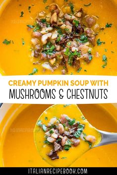 creamy pumpkin soup with mushrooms and chestnuts