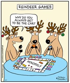 three reindeers sitting at a table with a game on it