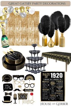 an assortment of black and gold party decorations with the words great gatsy party decorations