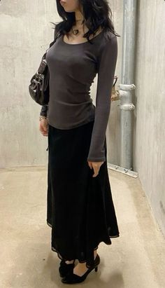 Modest Fall Skirt Outfits, The Marias Concert Outfit Submarine, Pants And Dress Combo, Southern Gothic Aesthetic Outfits, Long Skirt Inspo Outfit, Long Sleeve Shirt With Skirt, Grey Long Sleeve Outfit, Long Black Skirt Outfit Ideas, Modest Outfit Aesthetic