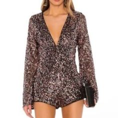 Camila Coelho Collection For Revolve Sequin Yarah Romper In Metallic Mauve Multicolor Sequins Over Black, Long Flare Sleeve, Plunge V-Neck, Size Large. New With Tag! Pink Sequined Jumpsuits And Rompers For Party Season, Pink Fitted Jumpsuits And Rompers With Sequins, Fitted Pink Sequined Jumpsuits And Rompers, Glamorous Pink V-neck Jumpsuits And Rompers, Pink Sequined Jumpsuits And Rompers For Summer, Glamorous Pink Jumpsuits And Rompers For Party Season, Glamorous Pink Jumpsuits For Party Season, Pink Long Sleeve Jumpsuit For Night Out, Glamorous Pink Jumpsuits And Rompers