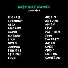 the baby boy names are written in white on a black background with green and red lettering