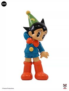 a toy figurine with a clown hat and boots on it's head