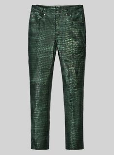 Step into standout style with our Obscure Croc Metallic Green Leather Pants. The vibrant metallic green color adds a splash of personality, while the sleek crocodile texture brings an extra layer of cool.    These pants effortlessly blend bold color and unique texture for a look that's both chic and comfortable. Make a statement with simplicity – Obscure Croc Metallic Green Leather Pants, where effortless style meets modern flair.    Made Using Pure Napa Sheep Skin Soft Leather    Look Includes Trendy Green Straight Leg Leather Pants, Green Leather Pants, Crocodile Texture, Sheep Skin, Silver Zipper, Bold Color, Green Leather, Bold Colors, Green Color