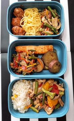 three blue bowls filled with different types of food