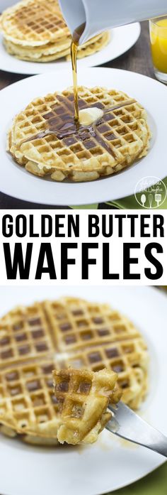 the waffles are being drizzled with syrup and butter on them