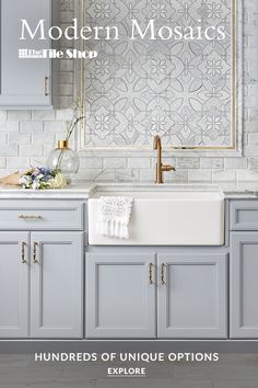 the front cover of modern mosaics magazine, featuring gray cabinets and white countertops