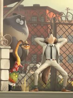 an animated character is standing in front of a fence with other cartoon characters behind him