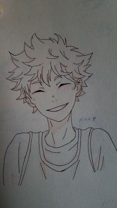 a drawing of a boy smiling with his eyes closed and hair in the air,