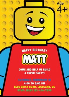 a birthday card with a lego character wearing a red bib and smiling for the camera