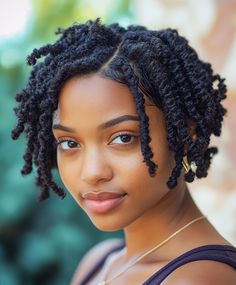 A short twist and curl with tightly defined curls, offering a neat and polished look. Ideal for showcasing natural hair texture. Twists With Bangs, Short Twist, Short Haircuts For Black Women, Flat Twist Hairstyles, Short Twists, Hair Twists, Haircuts For Black Women, Protective Hair, Beautiful Black Hair