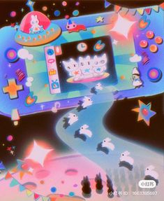 an image of a game with cats playing on the screen and stars around it in the background