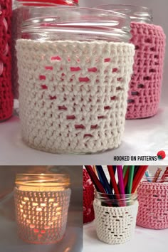 crocheted mason jars with lids and pencils in them