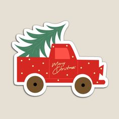 a red truck with a christmas tree on it's back and the words merry christmas