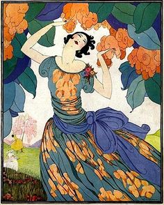 a painting of a woman in an orange and blue dress with flowers on her head