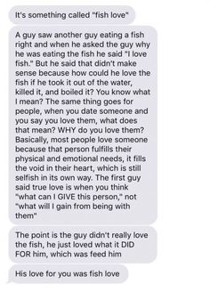 a text message that reads it's something called fish love, and the caption is