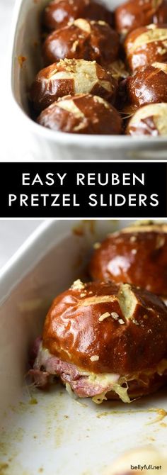 two images show how to make easy reuben pretzel sliders in the oven