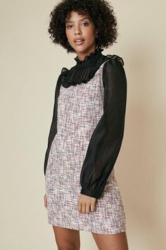 Channel your inner French girl with this boucle pinafore and shirt 2-in-1 mini dress. Featuring a pie-crust collar, ruffle detailing and a shift dress cut. Tweed Shift Dress, Mad Men Fashion, Oasis Dress, Oasis Fashion, French Girl, Dress Cuts, Mad Men, Pie Crust, Fashion Face