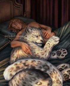 a painting of a woman sleeping with a snow leopard