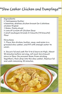 the recipe for slow cooker chicken and dumplings is shown in an image above