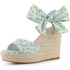 These floral printed wedges high heels add comfort and style to your everyday look. Easy to pair with favorite denim jeans, shorts, skirts, and your everyday casual wear! Featuring a bow, platform, slingback, ankle strap, floral print, and espadrille heels, these wedge sandals are versatile and stylish. Vamp is made of fabric, while the outsole and heel are crafted from PVC and TRP. Heel height is 4 1/2 inches and platform height is 1 3/8 inches. Please note that color may vary slightly accordin Blue Wedge Sandals, Floral Wedges, Blue Wedges, Wedges Sandals, Bow Decor, High Heel Wedges, Black Wedge, Shorts Skirts, Black Wedge Sandals