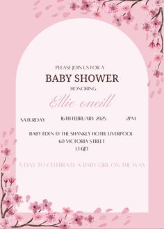 a baby shower is shown with pink flowers