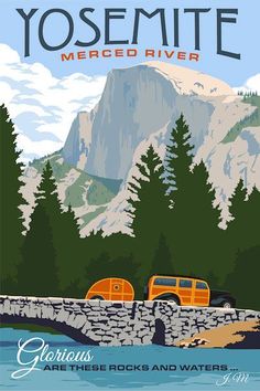 an image of yosemite, merced river travel poster