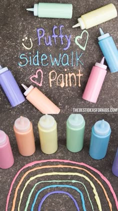 chalk markers and crayons with the words puffy sidewalk paint