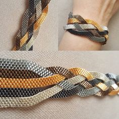 this is an image of a bracelet made out of woven fabric and metal strips on the wrist