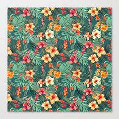 a green background with orange and red flowers on the bottom right corner is an image of tropical leaves