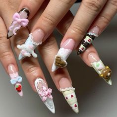 Cinnamon Roll Sanrio Nails, Kawaii Charm Nails, Japan Nails Design Tokyo, Icing Nails, Kawaii Nails Acrylic, Freestyle Acrylic Nails, Dessert Nails, Cinnamoroll Nails, My Melody Nails