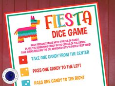 a sign that says fiesta dice game on the side of a red building with an image of a llama