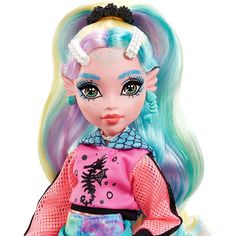 a doll with blue and pink hair wearing a colorful outfit on it's head