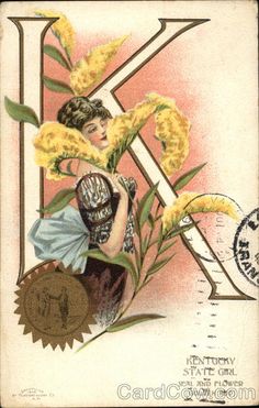 an old postcard features a woman with flowers in her hand and the letter k