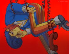 an animated image of a man on a swing with chains attached to his legs and feet