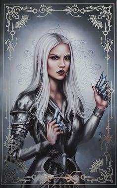 a painting of a woman with white hair and armor