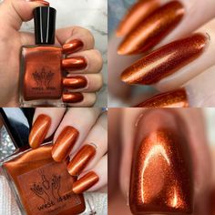 Orange And Bronze Nails, Shimmery Orange Nails, Dark Orange Glitter Nails, Burnt Orange Gold Nails, Fall Season Nails Colors Orange, Nail Designs Copper, Copper Dip Nails, Burnt Orange Glitter Nails, Copper Colored Nails