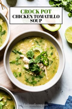 two bowls of chicken tortilla soup with avocado and cilantro