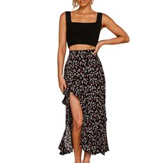 Black Elastic Waist High Low Ruffled Floral Skirt Fitted Black Summer Skirt, Fitted Black Skirt For Summer, Black Floral Print Skirt For Summer, High Waist Ruffled Maxi Skirt For Spring, Spring High-waist Ruffled Maxi Skirt, Black Non-stretch Mini Skirt For Summer, Casual Fitted Maxi Skirt With Ruffle Hem, Fitted Casual Maxi Skirt With Ruffle Hem, Black Ruffle Hem Mini Skirt For Spring