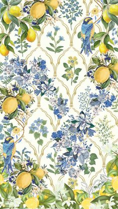 a wallpaper with lemons and blue flowers