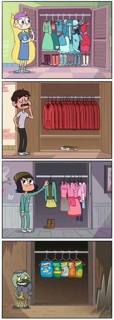 cartoon comics showing the different stages of clothing being displayed in front of an open closet