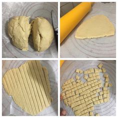 four pictures show the process of making dough for pizzas and pastries, including rolling out strips of dough