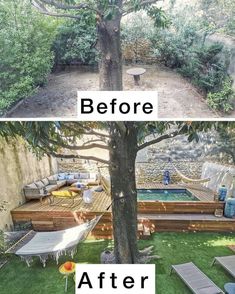 before and after pictures of a small backyard