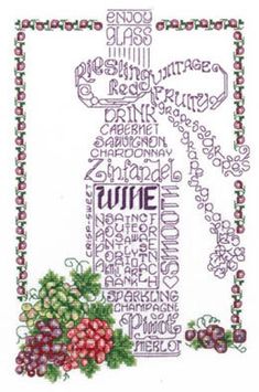 a cross stitch pattern with the words wine and grapes on it, as well as an image of a bottle