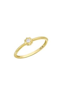 A single diamond shines in the floral-shaped setting of this stackable ring handcrafted from gleaming 18-karat gold. 1/8" diameter setting; 1/8" band width Total diamond weight: 0.05ct. Color: G Clarity: VS 18k gold/diamond Imported >Diamond Guide Yellow Gold Solitaire Diamond Flower Ring, Yellow Gold Flower Ring With Single Diamond For Promise, Yellow Gold Diamond Stackable Rings With Solitaire, Yellow Gold Flower Ring With Single Diamond, Stackable Flower Ring In Yellow Gold, Gold Flower Ring With Single Diamond, Bony Levy, Diamond Guide, Stackable Ring